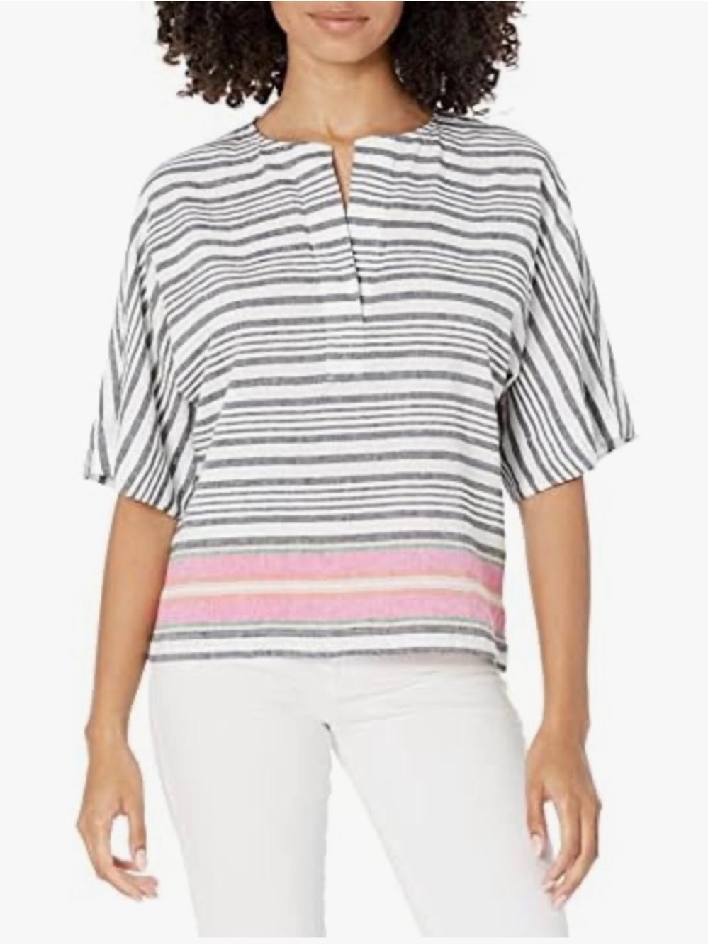 Trina Turk Linen Blend Striped Pao Top XS Coastal Resort Chic